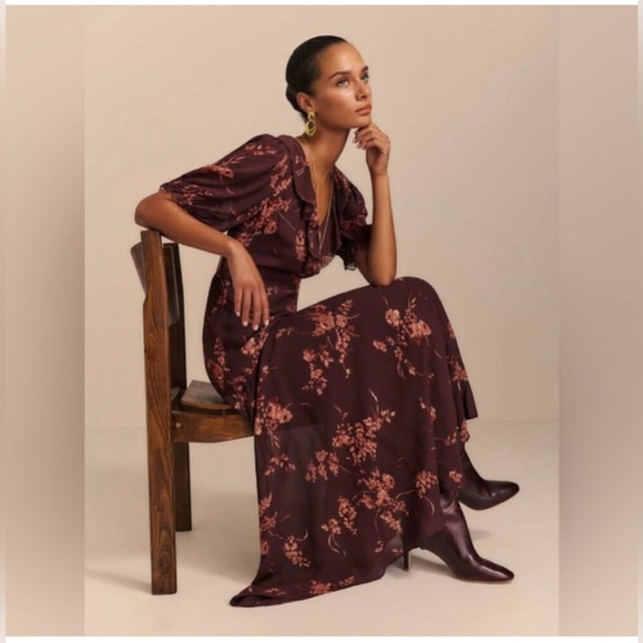 New Reformation Women Floral Brown Maxi Dress Size 4 - Picture 3 of 4